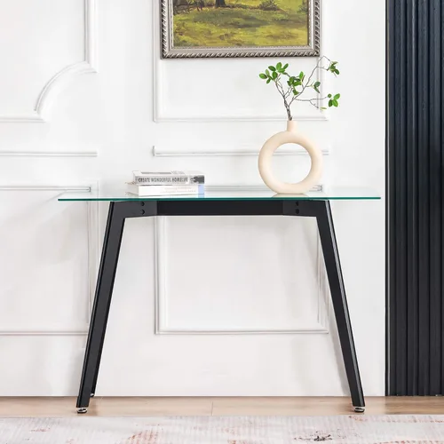 Vista 2 de ivinta TAM-WT114BK - Mesa de consola de vidrio, mesa de pasillo estrecha para entrada y vestíbulo moderna con patas de madera maciza para entrada