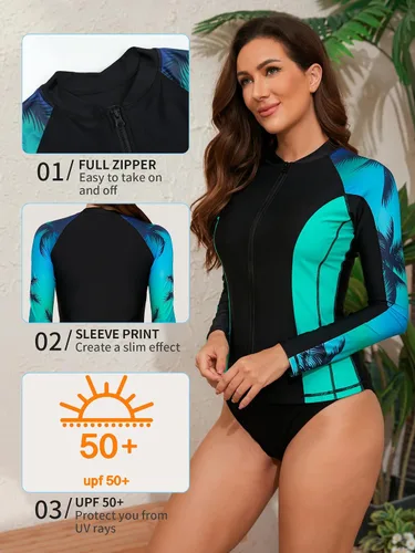 Vista 9 de ATTRACO Rashguard o Camiseta de surf para mujer con cremallera frontal, protección solar UPF 50+