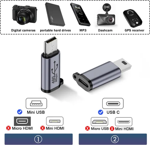 Vista 2 de QIANRENON Adaptador mini USB macho a USB C hembra de 480 Mbps de 18 W, conector USB a conector de datos, aleación AL/agujero para colgar