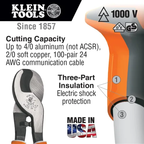 Vista 2 de Klein Tools 63050-EINS Cortador de Cable Aislado para Electricistas, Fabricado en Estados Unidos, Corta Aluminio, Cobre Suave y Cable