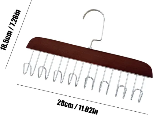 Vista 6 de 4 soportes de madera para cinturones, colgador multifuncional para cinturón de madera con 8 ganchos de metal, organizador de perchas de madera