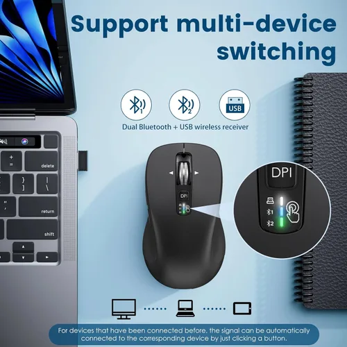 Vista 5 de CITLLA Mouse inalámbrico Bluetooth (USB + BT1 + BT2), tamaño completo, desplazamiento de 4 vías, mouse silencioso multidispositivo para computadora
