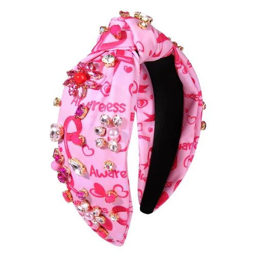 Vista 9 de Diadema rosa con lazo de esperanza de cristal y perla, diadema anudada para concientización sobre el cáncer de mama, accesorios para el cabello