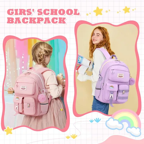 Vista 6 de Mochila Kawaii para niñas, mochila para escuela, bonita mochila con múltiples bolsillos, mochila de moda para escuela primaria y secundaria, Rosado