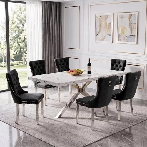 Vista 16 de Henf Mesa de comedor de mármol sintético blanco de 70 pulgadas para 4-6 personas, mesa de cocina rectangular moderna con mesa de mármol sintético