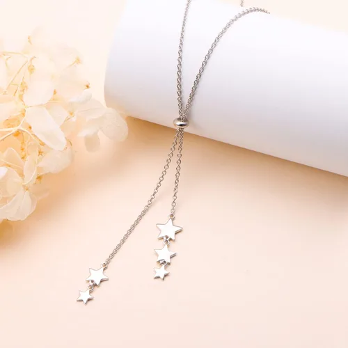 Vista 3 de YinShan Collar delicado de cadena larga de estilo simple de plata de ley 925 con dije de estrella de perlas ajustable en forma de Y para mujer