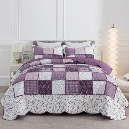 Vista 34 de Juego de cama de dos piezas, tamaño individual, de microfibra, reversible, de retazos, estilo floral, todas las estaciones, patrón de porcelana azul