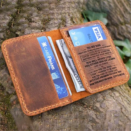 Vista 3 de Billeteras minimalistas de regalo para hijo de mamá - Cartera de cuero grabada con bolsillo frontal - Cartera personalizada con bloqueo RFID, Mamá a