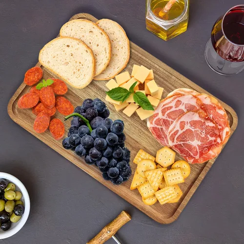 Vista 7 de YOUEON Juego de 2 bandejas de madera de acacia con borde elevado, bandeja rectangular de 14.2 x 9.5 pulgadas, plato de queso para aperitivo