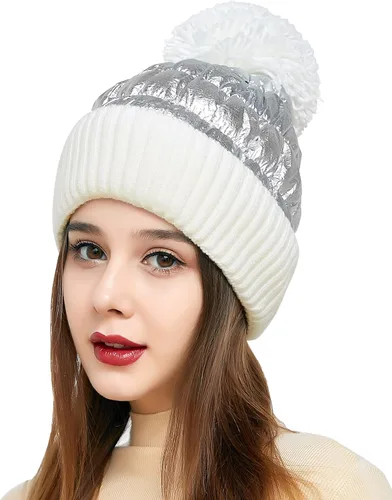 Vista 6 de Muryobao Gorro de invierno para mujer con forro polar brillante metálico con puños con diseño de calavera