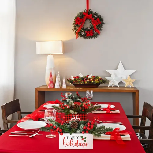 Vista 7 de Hotop Juego de 3 centros de mesa de Navidad, 90 piezas de ramas artificiales nevadas, conos de pino acebo, bayas con caja de madera para casa
