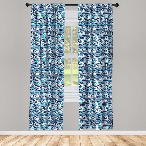 Vista 2 de Ambesonne Cortinas onduladas japonesas, patrón oriental tradicional con ondas de salpicaduras de espuma de agua, tratamientos de ventana, juego de 2