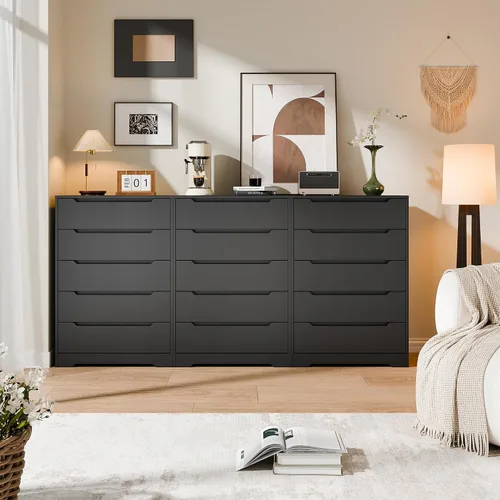 Vista 9 de Cozy Castle - Cómoda de 5 cajones, cómoda moderna de madera con gran organizador, gabinete de almacenamiento con acento de madera para sala de Negro