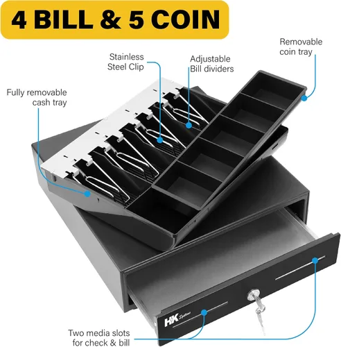 Vista 4 de HK SYSTEMS Cajón manual resistente de 13 pulgadas con 4 billes/5 monedas, hasta extraíble, dos ranuras mediales, color negro