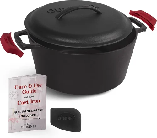 Vista 16 de Cuisinel Horno Holandés de Hierro Fundido - Olla Profunda de 3 Cuartos - Multicocina 2 en 1 Presazonada - Tapa Combinada que Funciona como Sartén