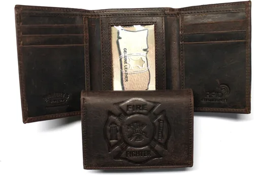Vista 3 de Cartera triple plegable para bomberos de cuero "Crazy Horse" con protección RFID, Marrón, Talla única, Trifold