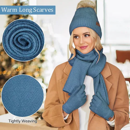 Vista 4 de Conjunto de gorro de punto cálido para mujer, bufanda larga, guantes para pantalla táctil, con forro polar, gorro de calavera con pompones, regalos