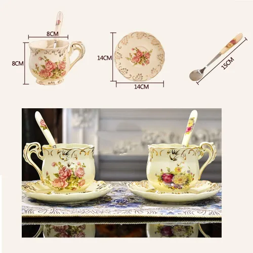 Vista 4 de Tazas de té y platillos (rosa, 8 onzas), juego de tazas y platillos florales con cuchara, tazas de té vintage, juego de té de porcelana