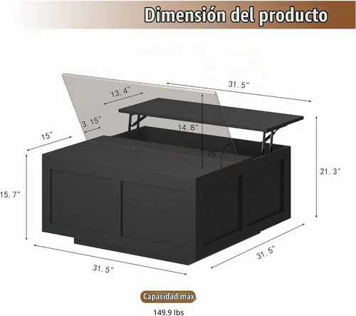 Vista 2 de HedoAjim Mesa de centro elevable con almacenamiento, mesa de centro cuadrada negra de 31.5 pulgadas con gran almacenamiento oculto, mesa central