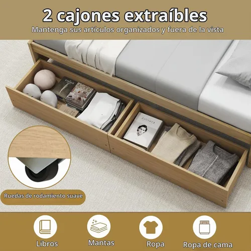 Vista 5 de KOMFOTT Base de cama de plataforma de madera de tamaño individual con 2 cajones de almacenamiento, plataforma de madera con soporte de tablillas