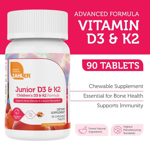 Vista 2 de Zahler - Tabletas masticables de Vitamina D3 + K2 Junior para niños Vitamina D para niños 2000 IU Gomitas deliciosas de Vitamina D K2