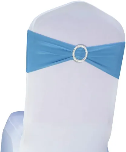 Vista 15 de Paquete de 50 bandas negras de elastano para sillas de boda, lazos con hebillas para fiestas, cumpleaños, fiestas, banquetes de jubilación