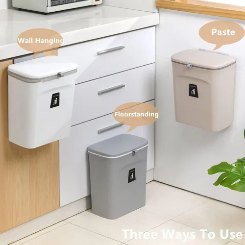 Vista 6 de Contenedor de compost de cocina de 9 L/2.4 galones, cubo de basura pequeño colgante con tapa para Gris