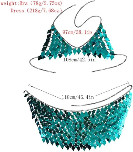 Vista 4 de Nicute Conjunto de falda de lentejuelas y lentejuelas para festivales, conjunto sexy de verano, playa, bikini para mujeres y niñas