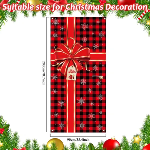 Vista 2 de Cartel de Navidad para puerta, decoración de Feliz Navidad, búfalo a cuadros rojos y negros, telón de fondo de caja de regalo de Navidad, lazo