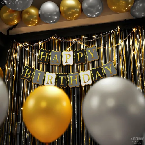 Vista 7 de KatchOn, Cartel de feliz cumpleaños negro y dorado, 10 pies, NO DIY, telón de fondo de feliz cumpleaños, decoraciones de feliz cumpleaños