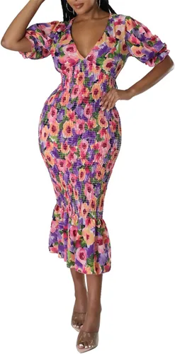 Vista 2 de Vestido sexy de manga corta con cuello en V profundo para mujer, estampado floral, con volantes, para fiesta y club