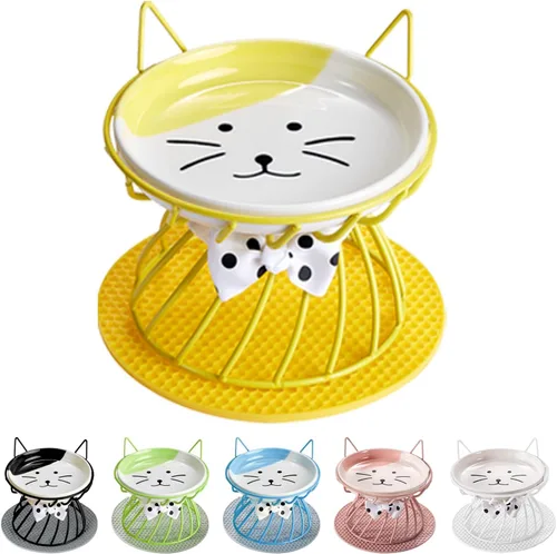 Vista 8 de Plato elevado de comida para gatos, cerámica, soporte antideslizante, estación de alimentación elevada, 5 pulgadas, poco profundo para bigotes, apto