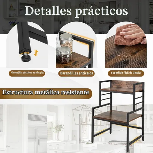 Vista 7 de Giantex Soporte de Microondas de 3 Niveles, Estante para Horno de Microondas que Ahorra Espacio con 2 Estantes Abiertos y Marco de Metal Resistente