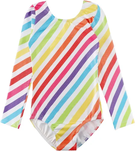 Vista 6 de HOZIY - Leotardos de manga larga para niñas, de gimnasia, para niños pequeños, trajes florales de unicornio, galaxia, arco iris, patrón de rayas