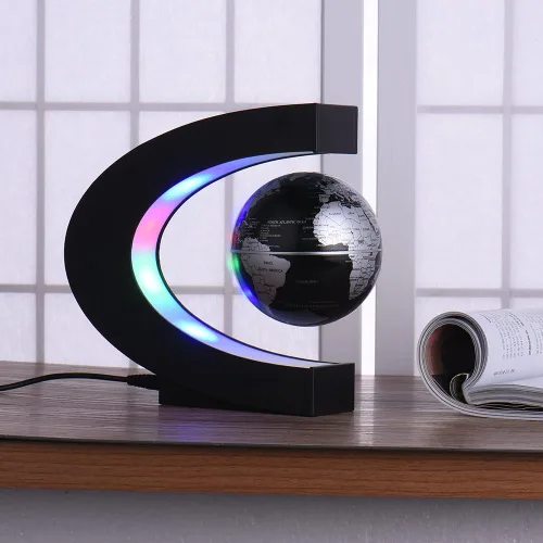 Vista 7 de Globo flotante de levitación magnética de 3 pulgadas con luces LED en forma de C mapa mundial para decoración de escritorio