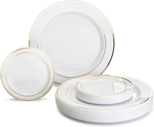 Vista 20 de Occasions" - Juego de 125 piezas (25 invitados) - Platos y cubiertos de plástico para boda, vajilla pesada desechable de 10.5 pulgadas, 6.25