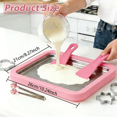Vista 3 de Máquina de helados enrollada con bandeja, 2 raspadores, 2 moldes y clip, máquina de helado instantánea para reuniones familiares (rosa)