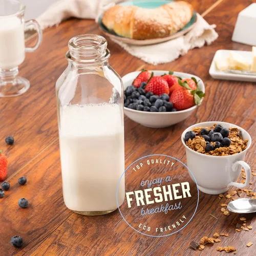 Vista 5 de kitchentoolz Botellas de leche cuadradas de vidrio de 32 onzas con tapas, recipiente de leche de vidrio perfecto para refrigerador, jarras de 1