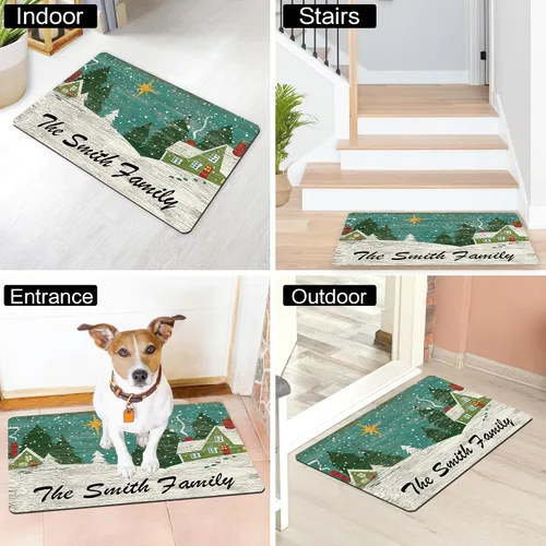 Vista 4 de Tapetes de puerta personalizados de bienvenida de Navidad para puerta delantera, tapete de invierno personalizado con nombre de la familia, tapetes