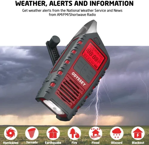 Vista 2 de Eton Odyssey Radio meteorológica NOAA con manivela, radio de emergencia de todas las bandas, radio tormenta de onda corta AM/FM, Bluetooth, cargador