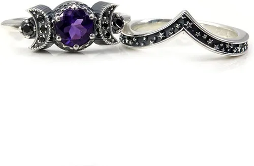 Vista 5 de Anillo Dios de triple luna, anillo de amatista roja, regalos de joyería para mujeres y niñas, fases lunares, bohemio, gitano, joyería de festival