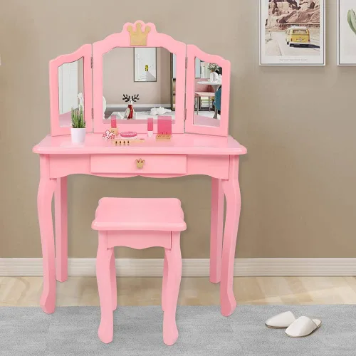 Vista 6 de Juego de tocador para niños Vasitelan, juego de mesa y silla para niñas, con espejo y taburete, mesa de maquillaje y cambiador princesa con cajón B