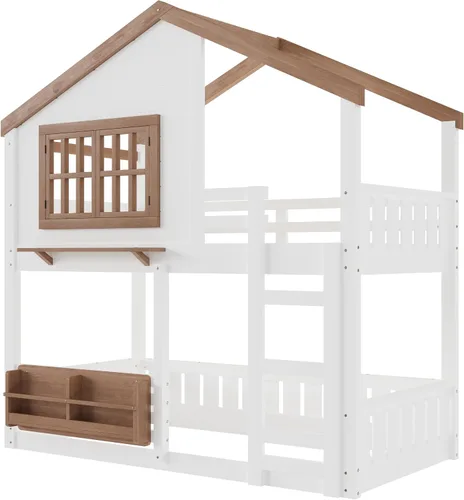 Vista 7 de Cama de Casa Tamaño Twin con Elegantes Ventanas y Estantería, Marco de Litera con Diseño de Castillo de Madera con Barandillas de Seguridad