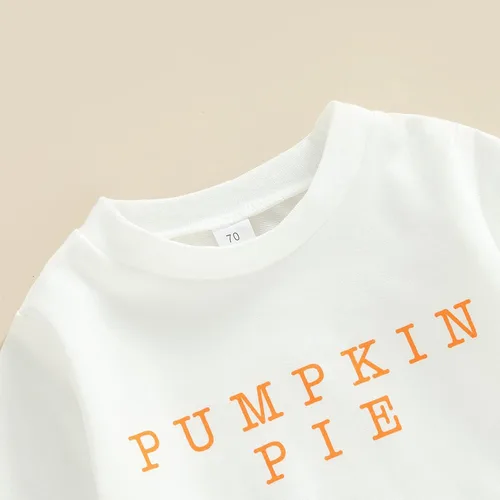 Vista 3 de Hnyenmcko Conjunto de ropa de Halloween para bebé niña, camiseta de manga larga con letras y pantalones de campana de calabaza con diadema, 3