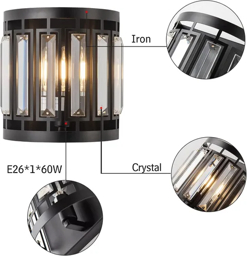 Vista 4 de Moderno aplique de pared de cristal 1xE26, lámpara de pared negra K9, lámpara de pared de cristal para pasillo, puerta, dormitorio, sala de estar