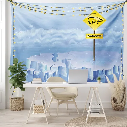 Vista 7 de Lunarable Tapiz de invierno tamaño King, letrero de peligro de oso polar en iceberg ártico norte nevado ilustración agrietada, colcha colgante