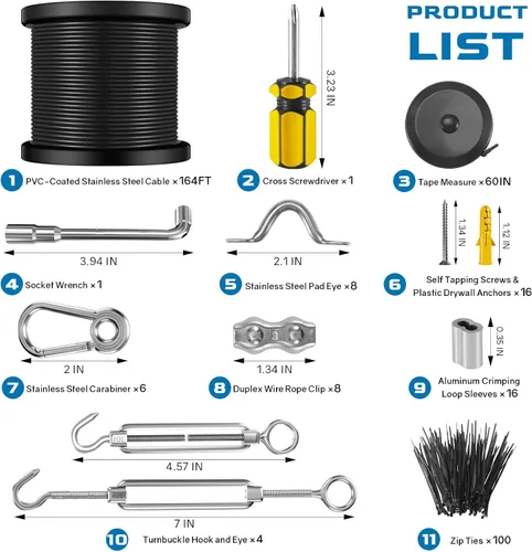 Vista 2 de Kit de colgar luces de cadena NEREUS con cable de acero inoxidable 304 recubierto de vinilo de 164 pies, kit de suspensión de luces de cadena