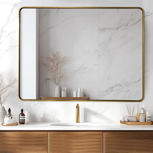 Vista 28 de Espejo de latón para baño, espejo rectangular redondeado de 22x30 pulgadas con marco de metal cepillado dorado, espejo de tocador de baño sin