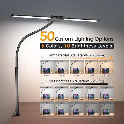 Vista 2 de Syrinx - Lámpara de escritorio LED para oficina en casa, lámpara de escritorio de arquitecto con abrazadera, control por gestos/cable, luz