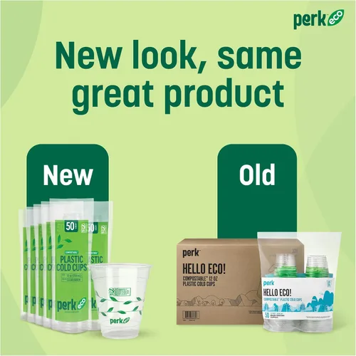 Vista 5 de Perk Staples Vaso frío plástico compostable, 12 onzas, transparente/verde, 300/cartón (PK56195)